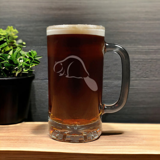 Beaver Beer Mug with Dark Beer - Design 2 - Copyright Hues in Glass