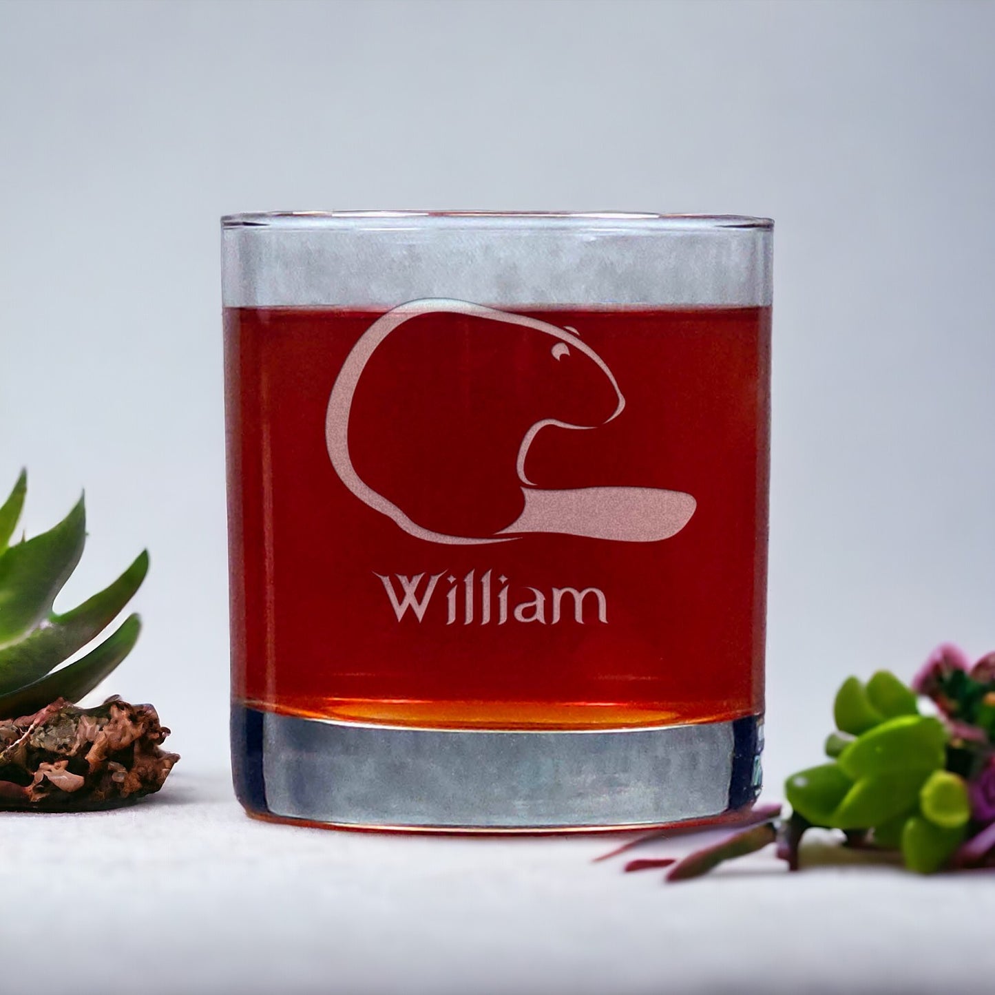 Personalized Beaver Whisky Glass - Design 3 - Copyright Hues in Glass