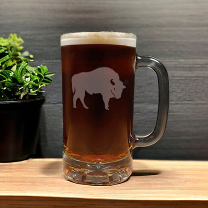 Buffalo 16oz Engraved Beer Mug - Bison Beer Glass - Animal Etched Personalized Gift