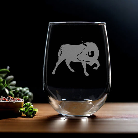 Bull Stemless Wine Glass - Copyright Hues in Glass