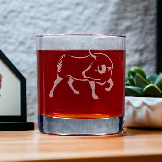 Personalized Bull Whisky Glass - Design 2 - Copyright Hues in Glass