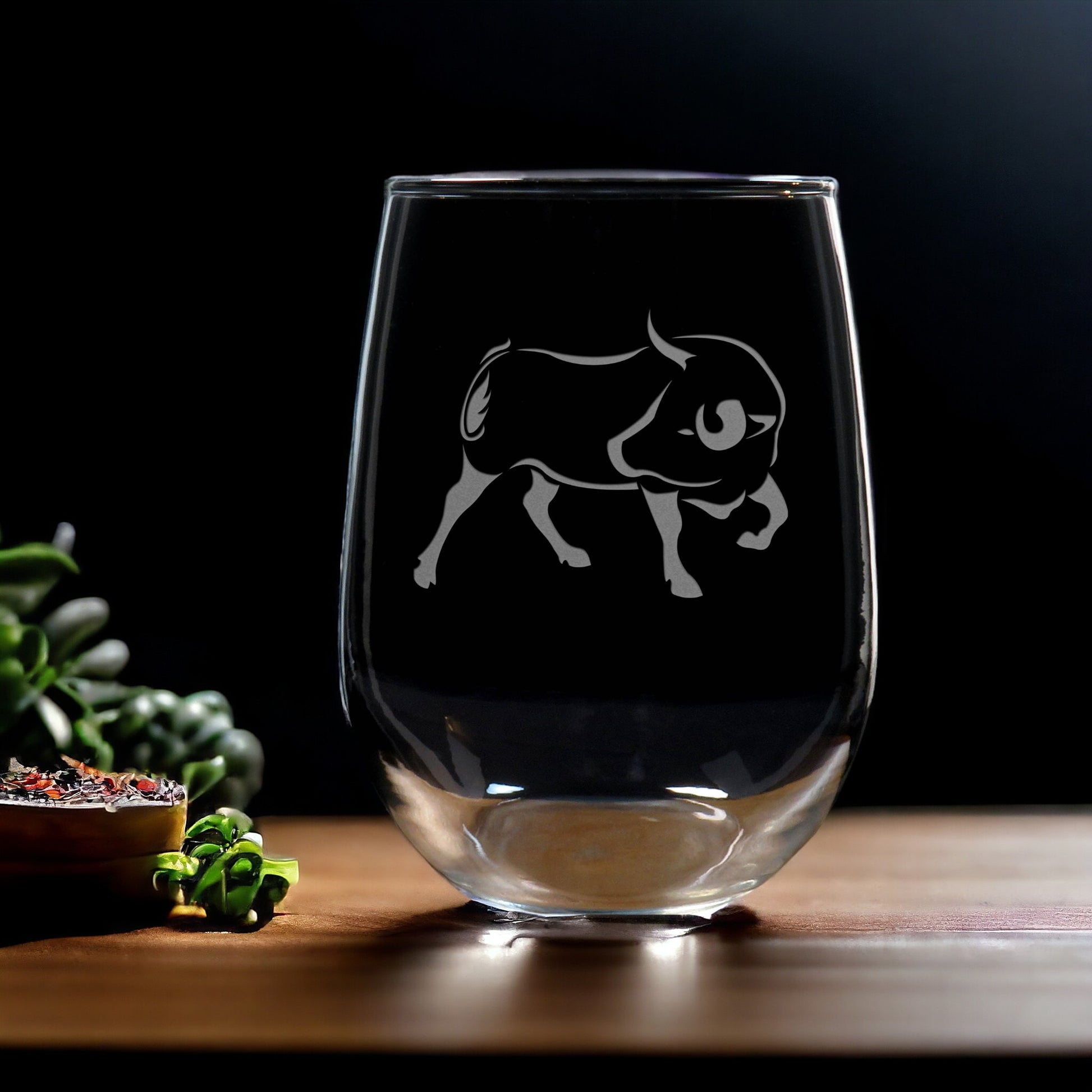 Bull Stemless Wine Glass - Design2 - Copyright Hues in Glass