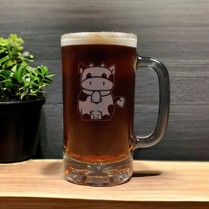 Cute Cow Beer Mug with Dark Beer - Design 2 -Copyright Hues in Glass