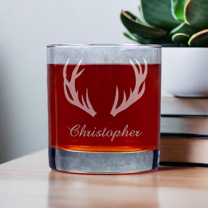 Personalized Deer Antlers Whisky Glass - Design 2 - Copyright Hues in Glass