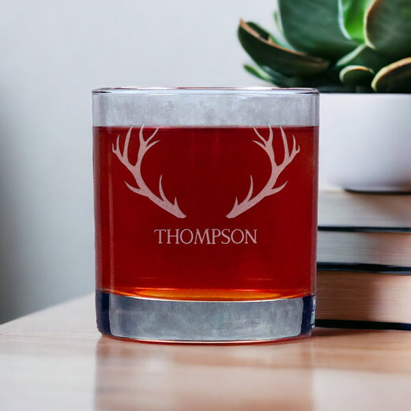 Personalized Deer Antlers Whisky Glass - Copyright Hues in Glass
