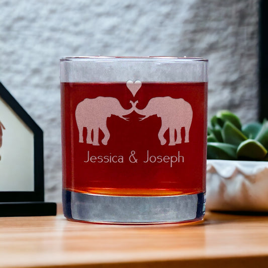 Personalized Elephants in Love Whisky Glass - Copyright Hues in Glass