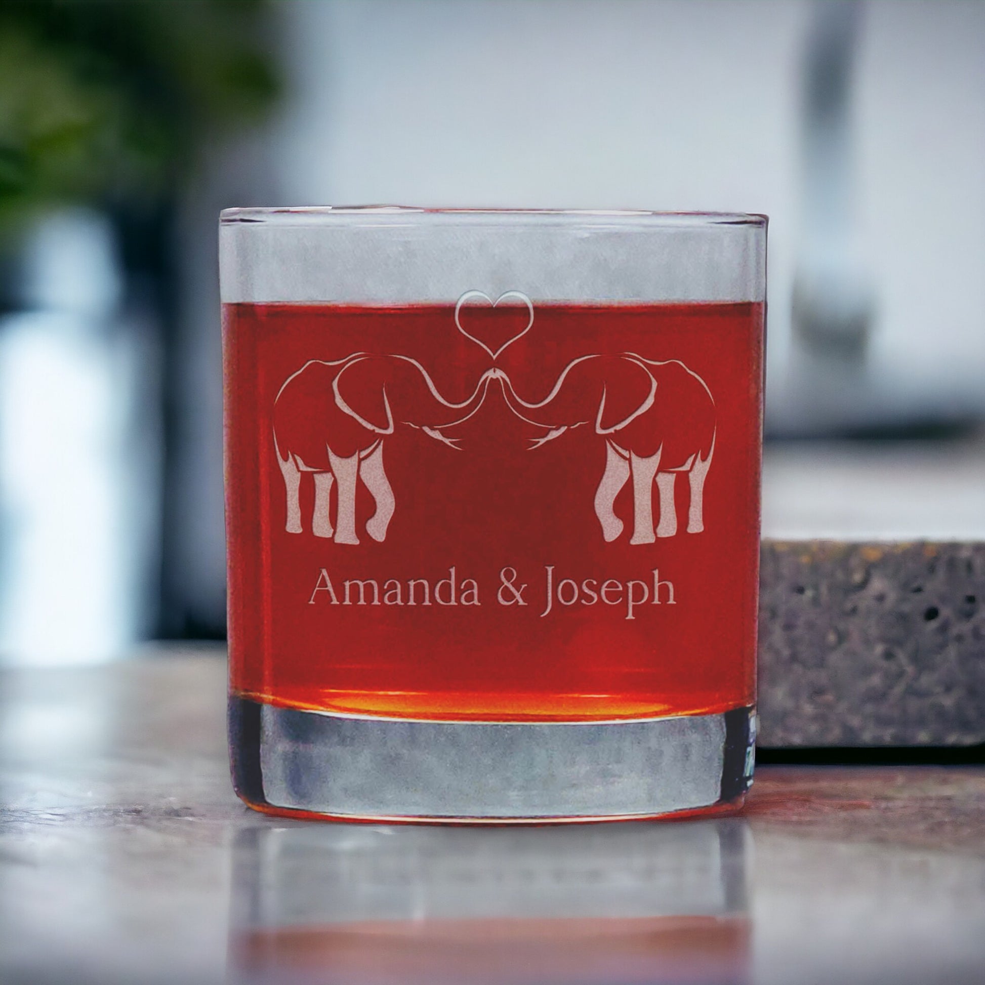 Personalized Elephants in Love Whisky Glass - Copyright Hues in Glass