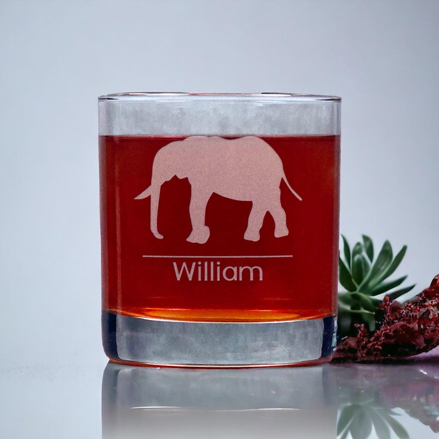 Personalized Elephant Whisky Glass - Design 5 - Copyright Hues in Glass