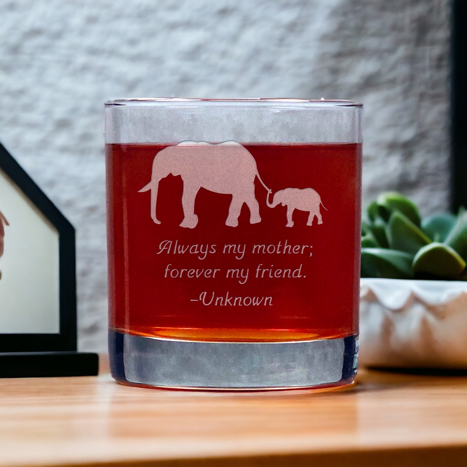 Personalized Elephant and Baby Whisky Glass - Copyright Hues in Glass