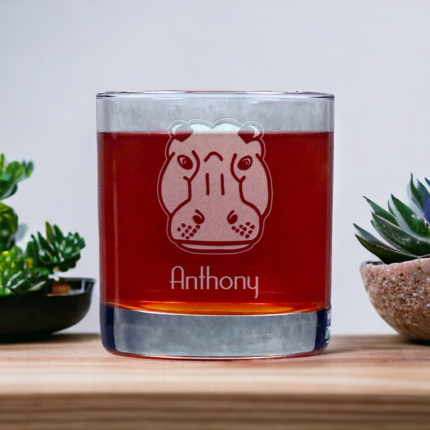 Personalized Hippo Head 11oz Whiskey Glass - Copyright Hues in Glass