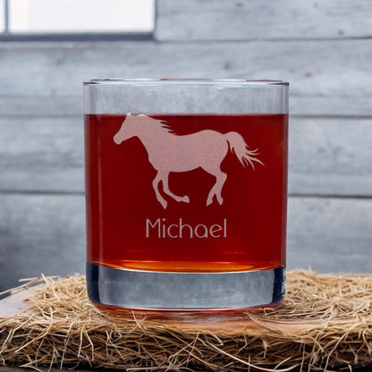 Personalized Running Horse 11oz Whisky Glass - Design 2 - Copyright Hues in Glass