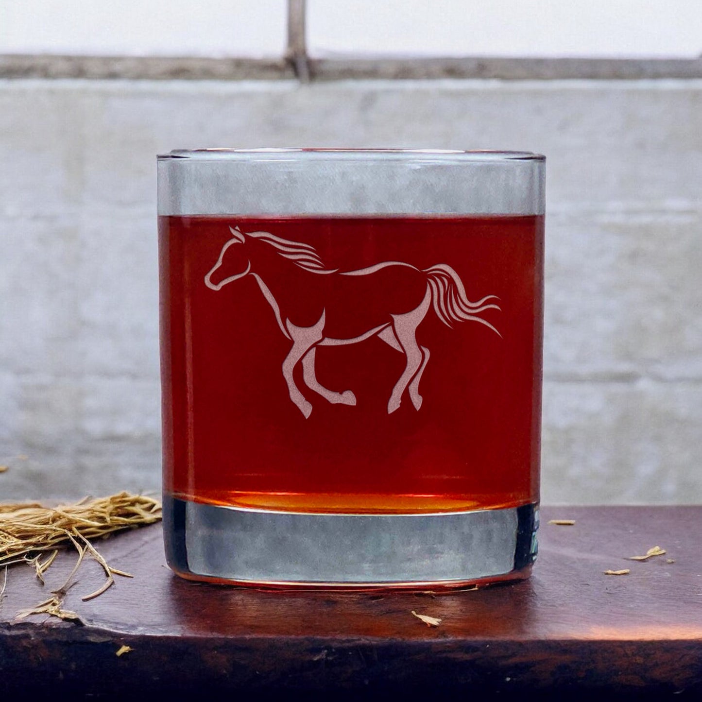 Personalized Running Horse 11oz Whisky Glass - Design 3 - Copyright Hues in Glass