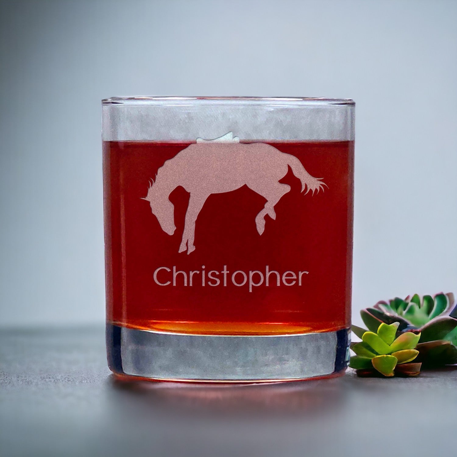 Personalized Bucking Horse 11oz Whisky Glass - Copyright Hues in Glass