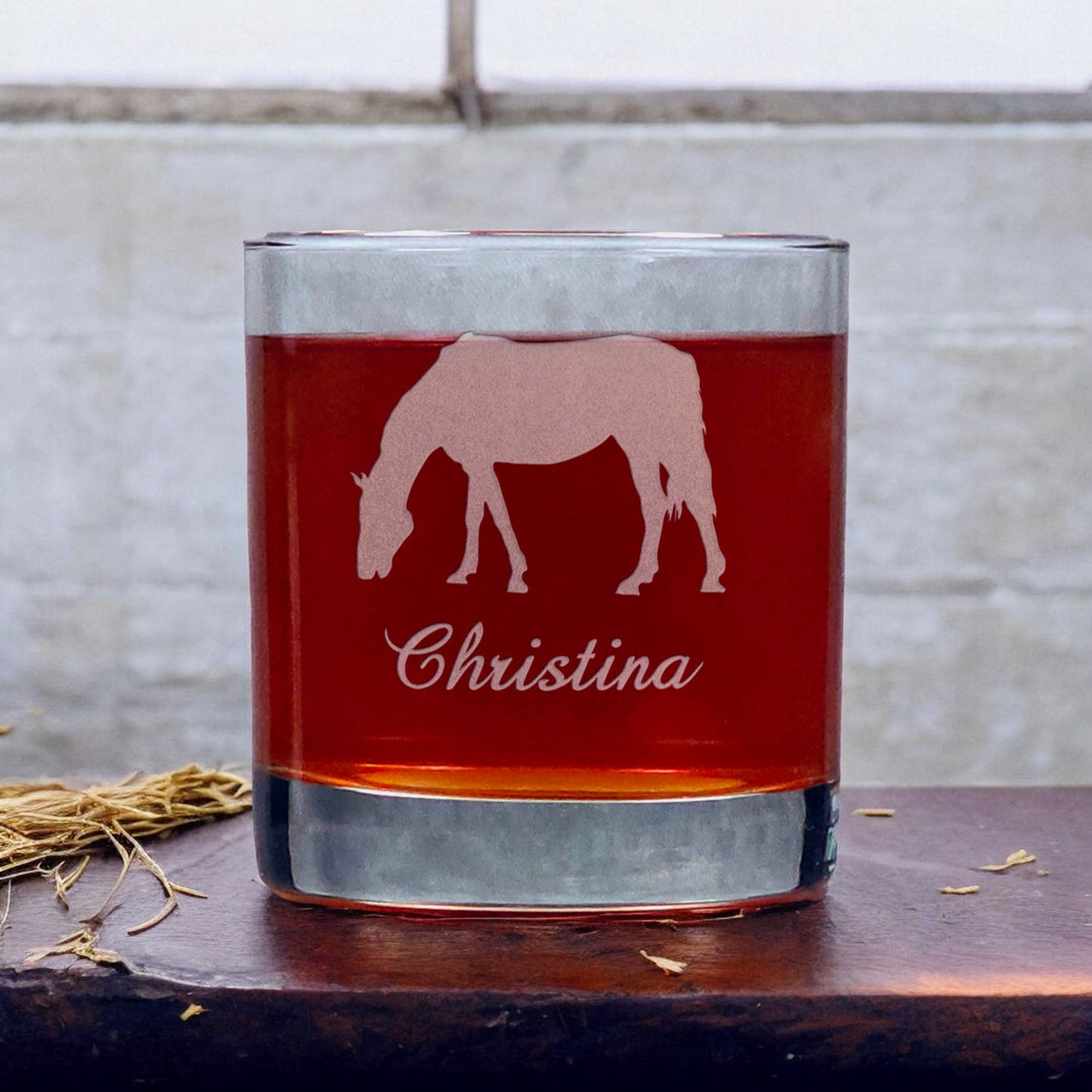 Personalized Grazing Horse 11oz Whisky Glass - Copyright Hues in Glass