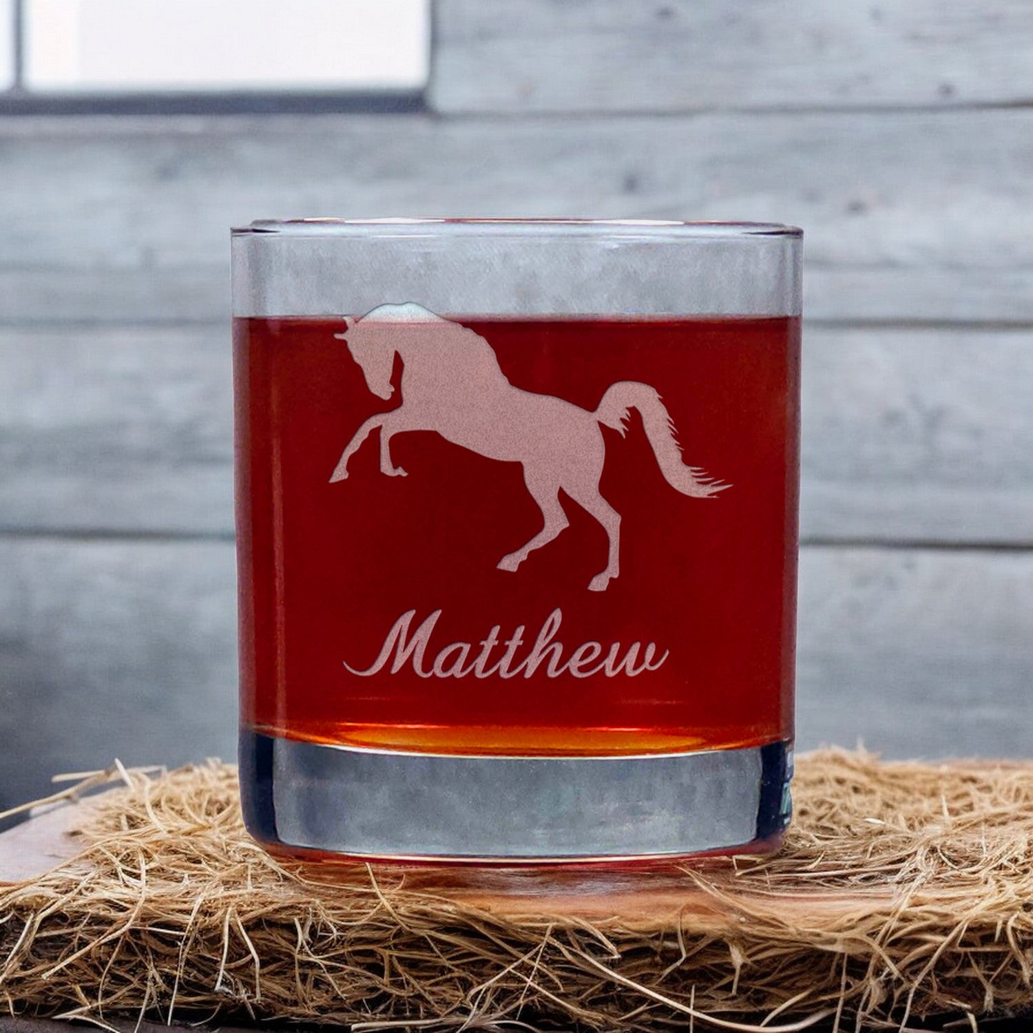 Personalized Rearing Horse 11oz Whisky Glass - Copyright Hues in Glass