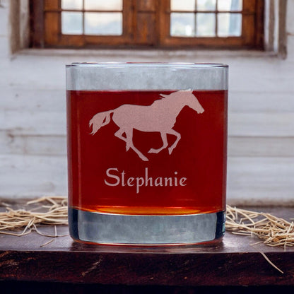 Personalized Running Horse 11oz Whisky Glass - Copyright Hues in Glass