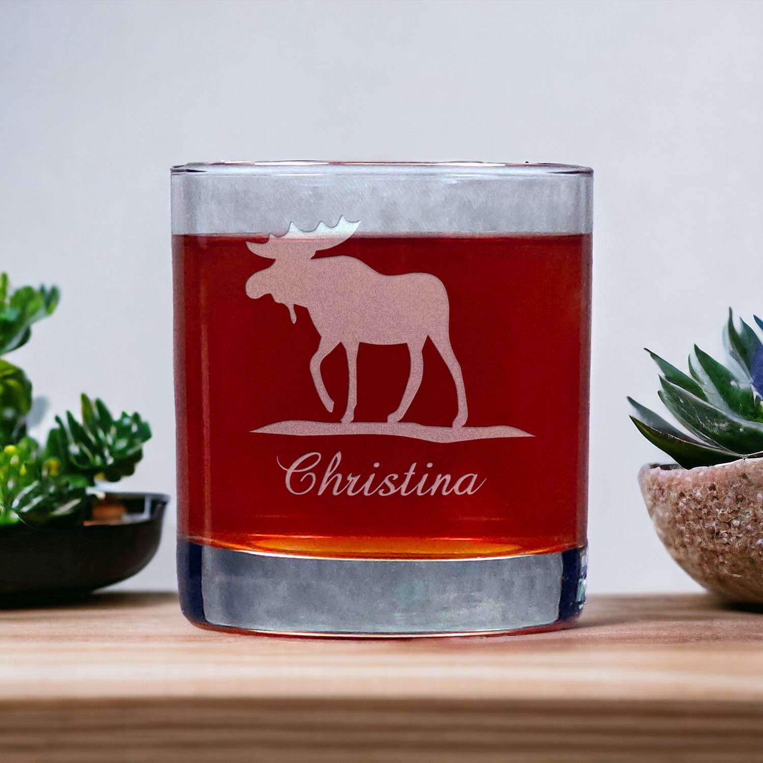 Personalized Moose 11oz Whisky Glass - Design 2 - Copyright Hues in Glass