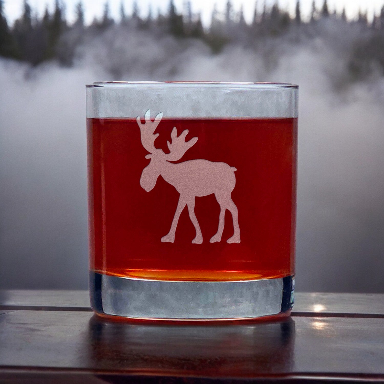 Personalized Whimsical Moose Personalized Whisky Glass - Design 3 - Copyright Hues in Glass