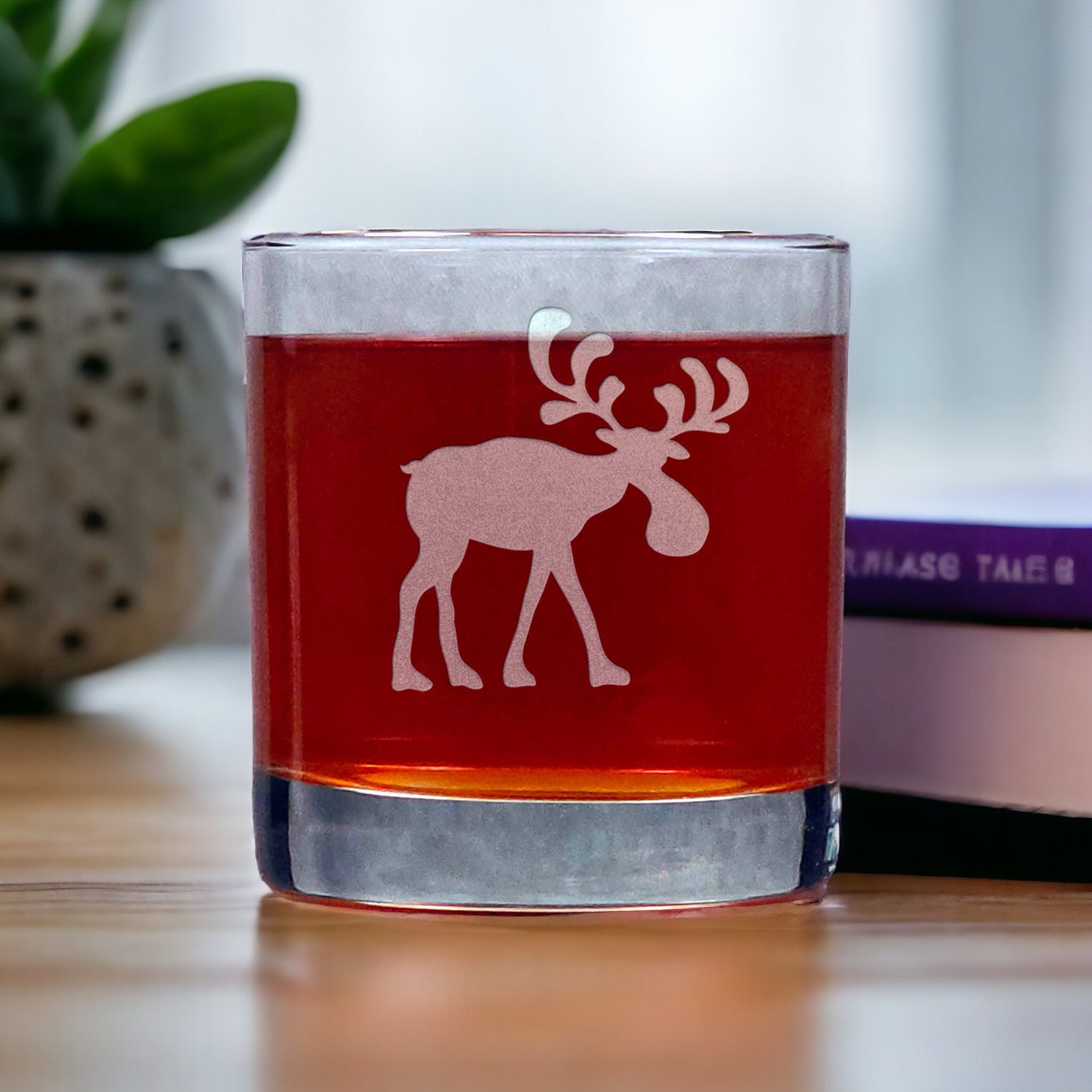 Whimsical Moose Personalized Whisky Glass - Design 2 - Copyright Hues in Glass