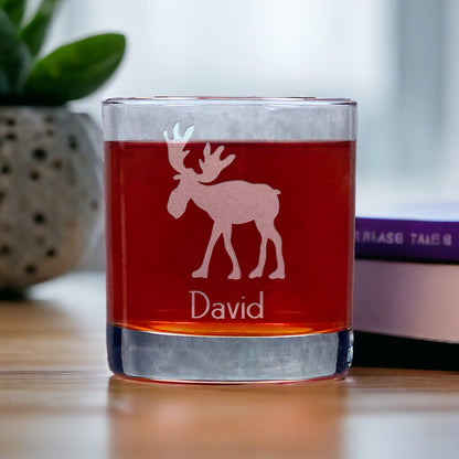 Personalized Whimsical Moose Personalized Whisky Glass - Design 3 - Copyright Hues in Glass