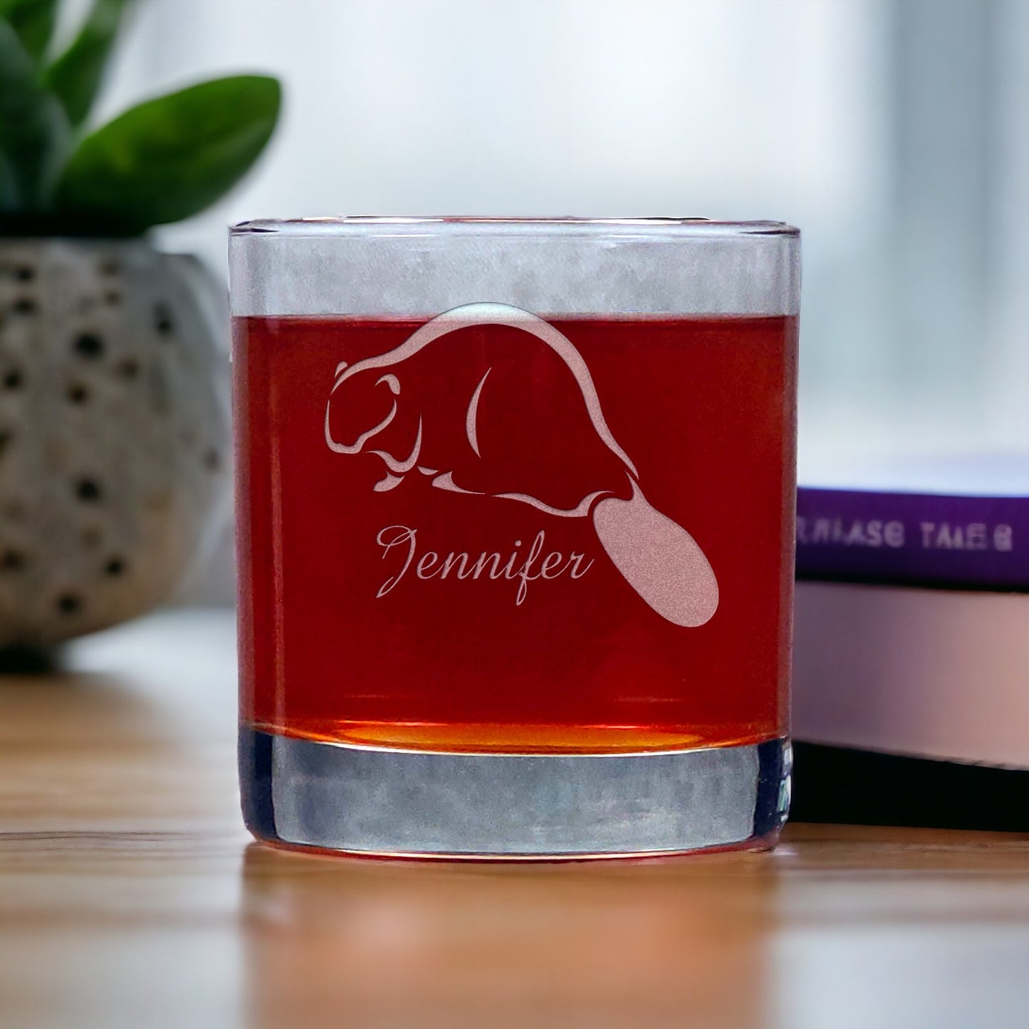 Personalized Beaver Whisky Glass - Design 4 - Copyright Hues in Glass