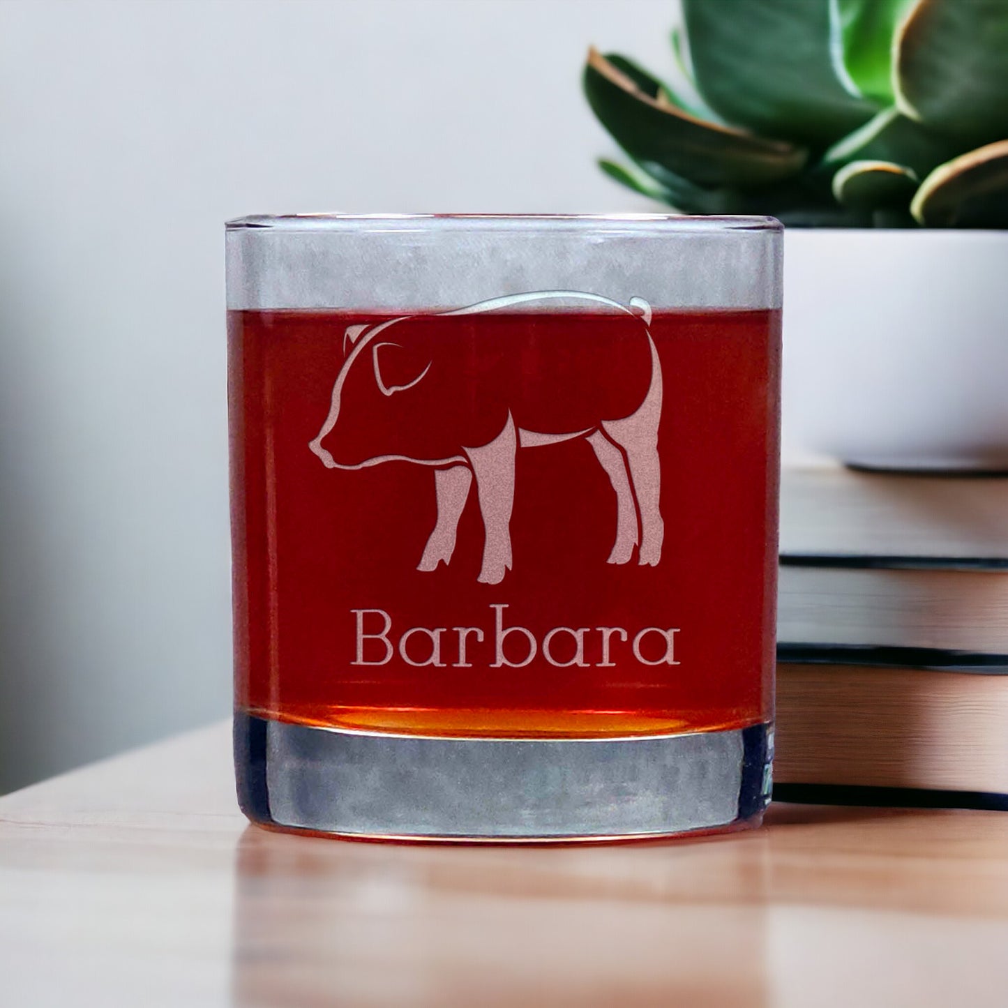 Personalized Pig 11oz Whisky Glass - Design 2 - Copyright Hues in Glass