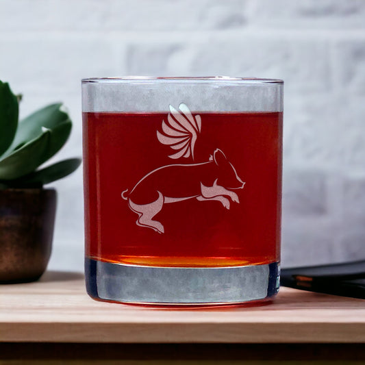 Flying Pig 11oz Whisky Glass - Design 2 - Copyright Hues in Glass