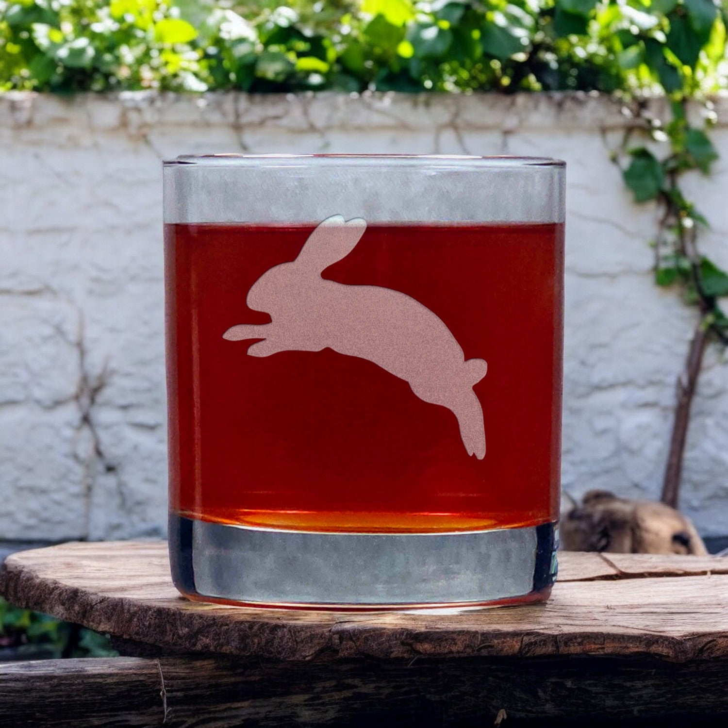 Rabbit 11oz etched whiskey Glass - copyright Hues in Glass