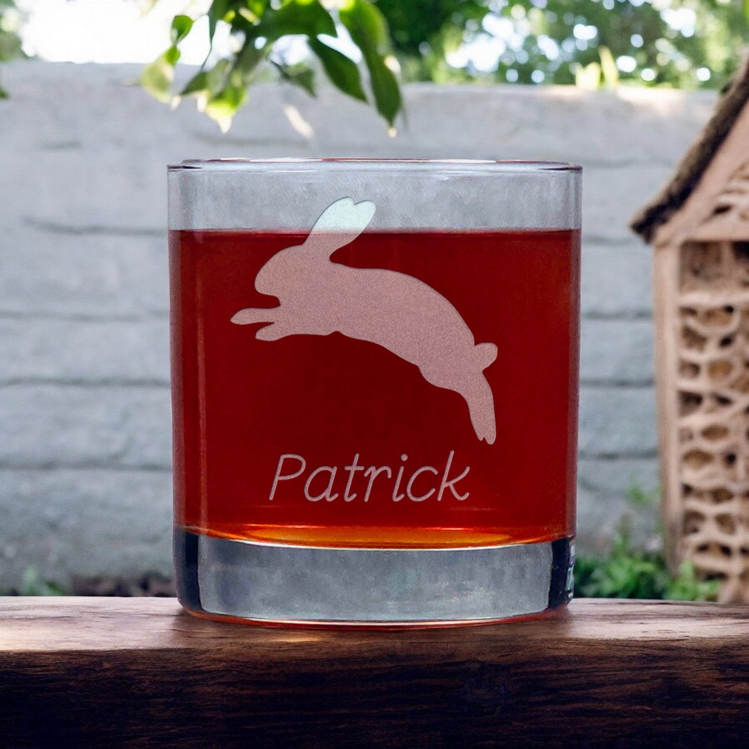 Personalized Sitting Rabbit 11oz etched whiskey Glass - copyright Hues in Glass