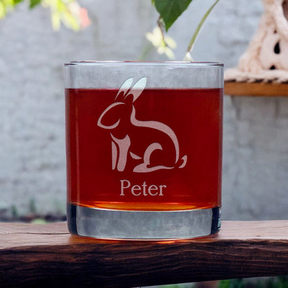 Personalized Sitting Rabbit 11oz etched whiskey Glass - copyright Hues in Glass