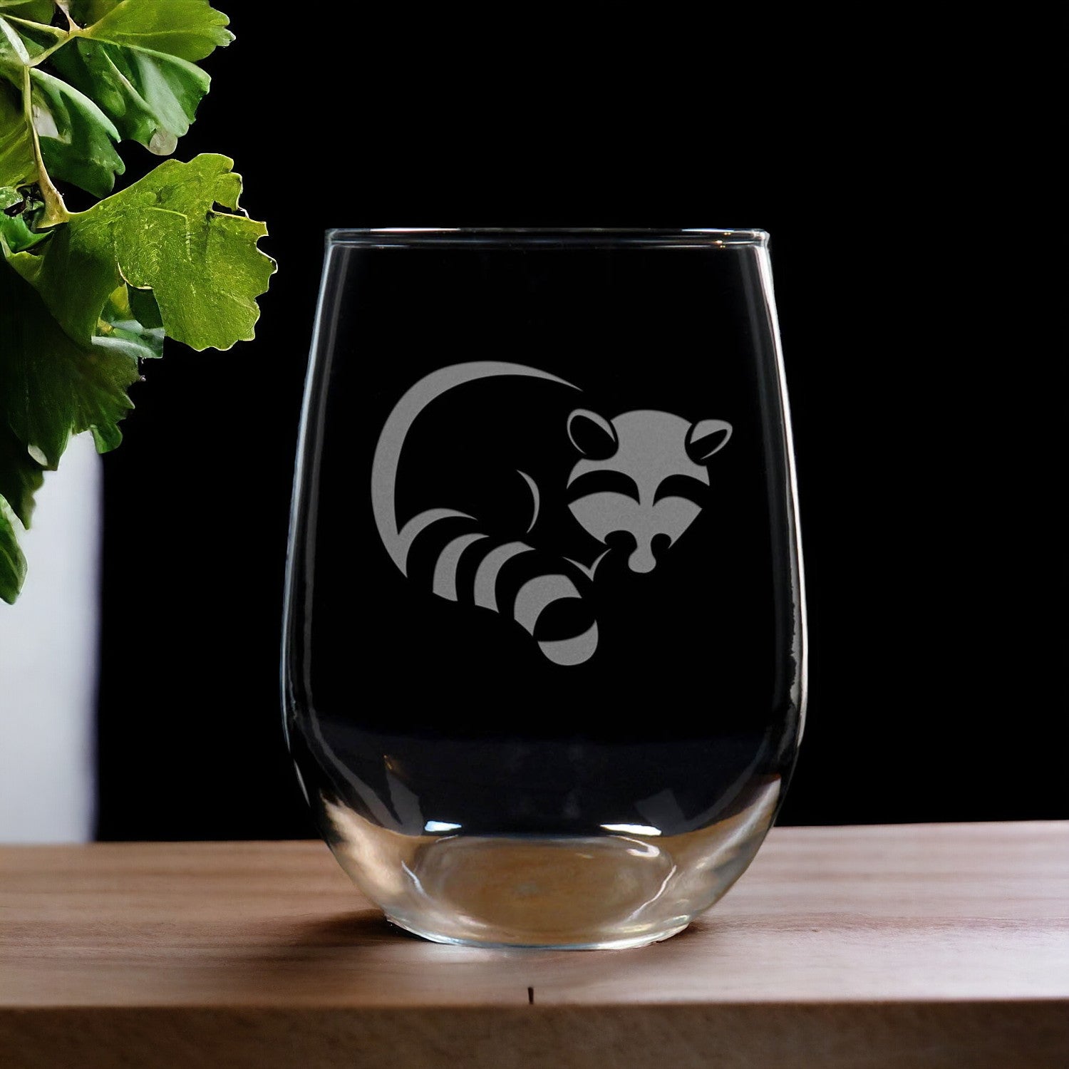 Raccoon Stemless Wine Glass - Copyright Hues in Glass