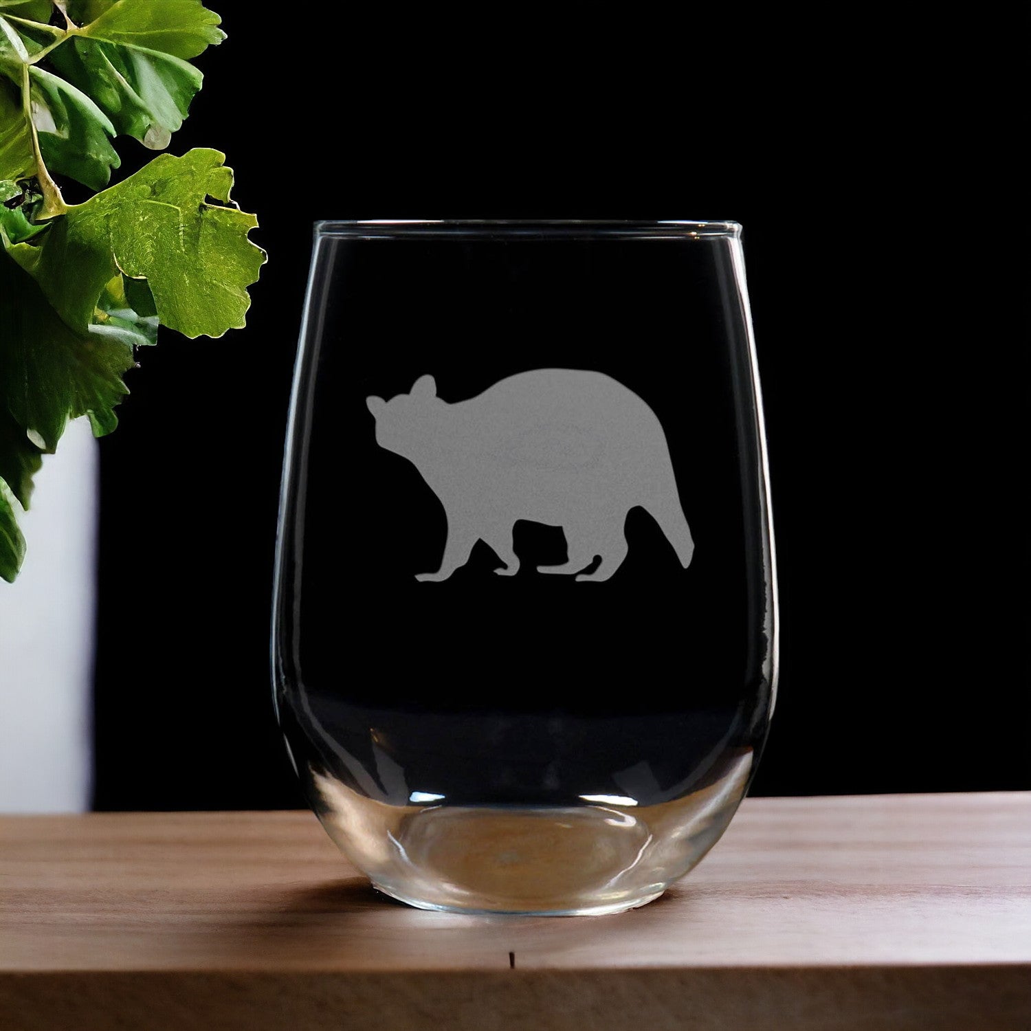 Raccoon Stemless Wine Glass - Design 3 - Copyright Hues in Glass