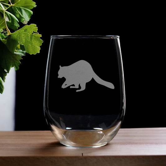 Raccoon Stemless Wine Glass - Design 6 - Copyright Hues in Glass