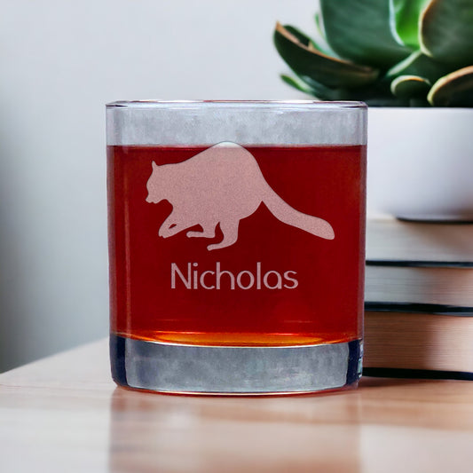 Personalized Raccoon 11oz Whisky Glass - Design 5 - Copyright Hues in Glass