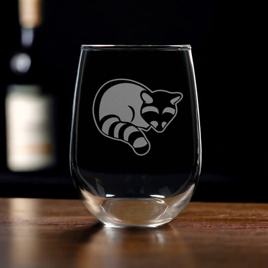 Raccoon Stemless Wine Glass - Design 8 - Copyright Hues in Glass