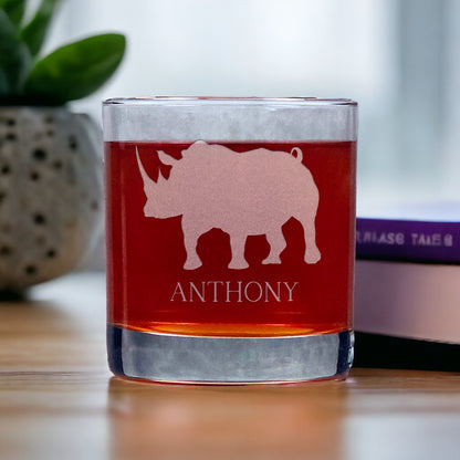 Personalized Rhinoceros 11oz Whisky Glass - Design 5 - Copyright Hues in Glass