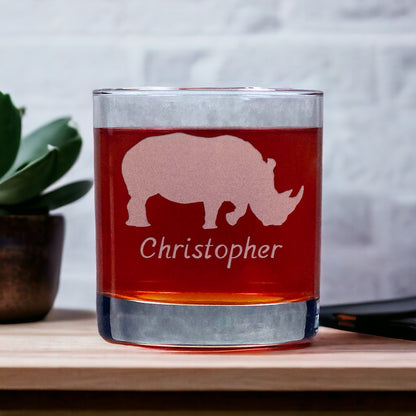 Personalized Rhinoceros 11oz Whisky Glass - Design 6 - Copyright Hues in Glass