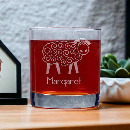 Personalized Sheep Cartoon 11oz Whisky Glass - Design 1 - Copyright Hues in Glass