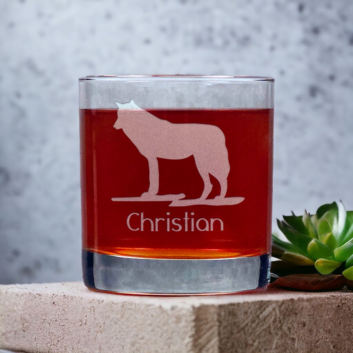 Personalized Wolf Whisky Glass - Design 1 - Copyright Hues in Glass