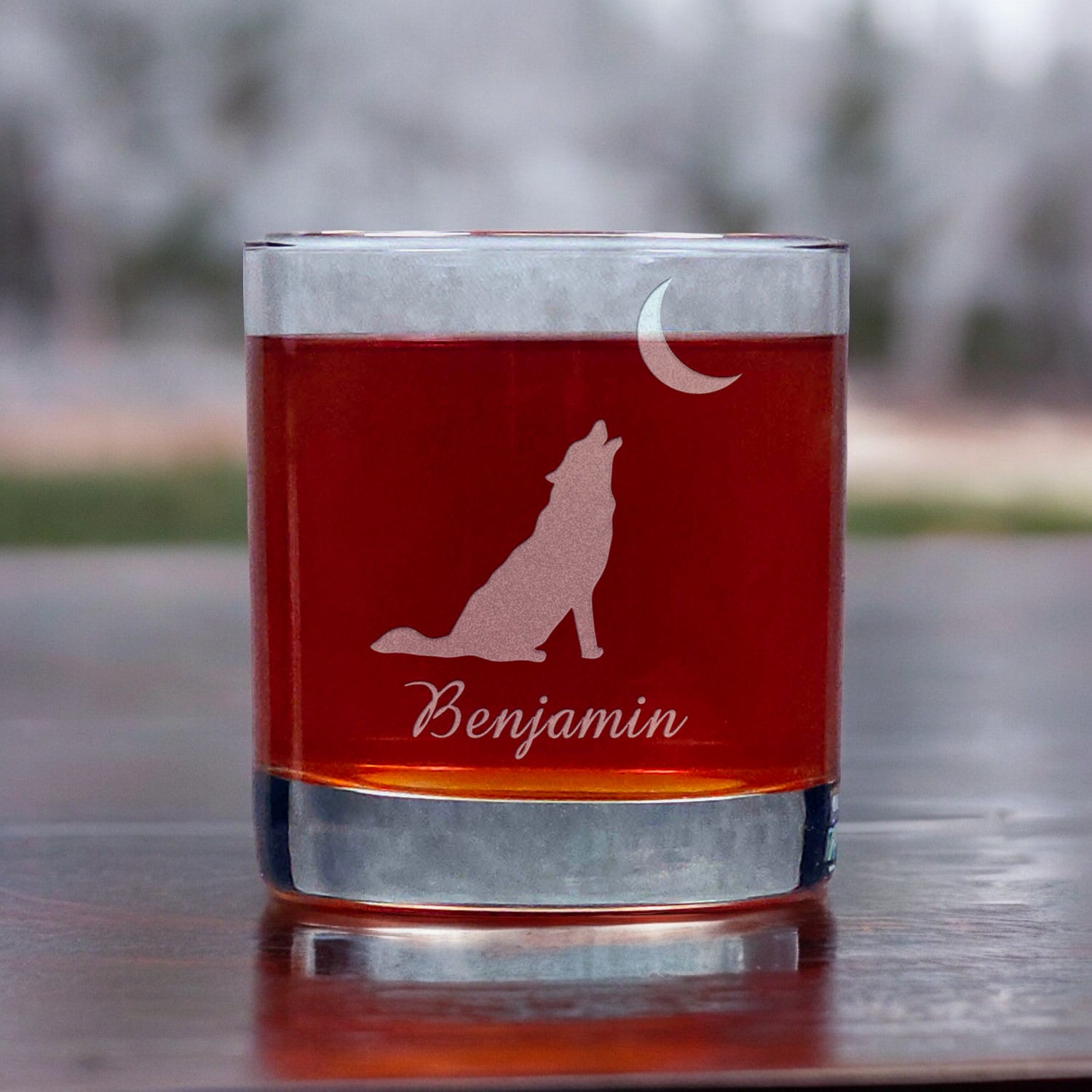 Personalized Howling Wolf Whisky Glass - Design 2 - Copyright Hues in Glass