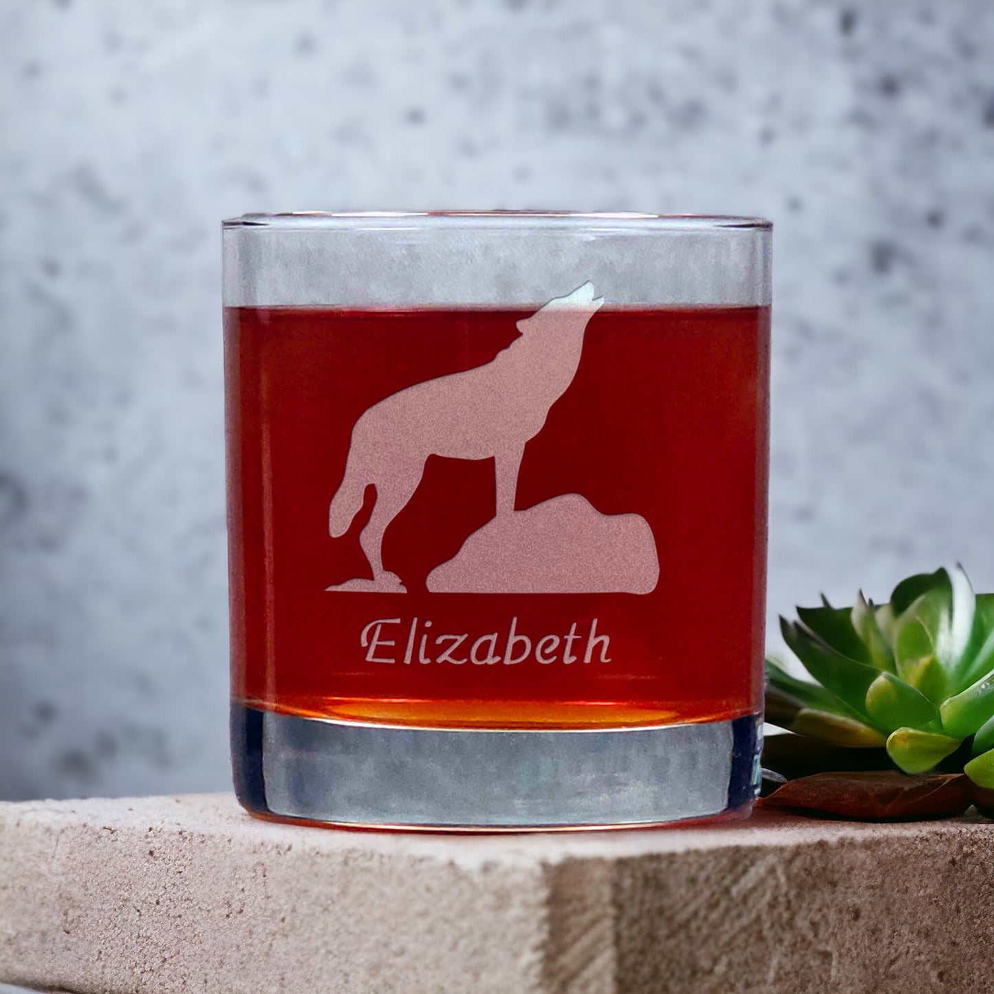 Personalized Howling Wolf Whisky Glass - Design 1 - Copyright Hues in Glass