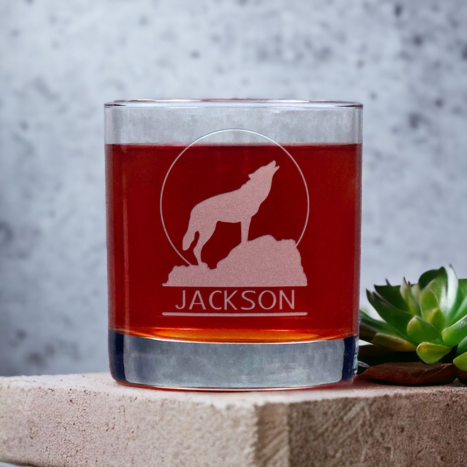 Personalized Wolf Howling at the Moon Whisky Glass - Design 3 - Copyright Hues in Glass