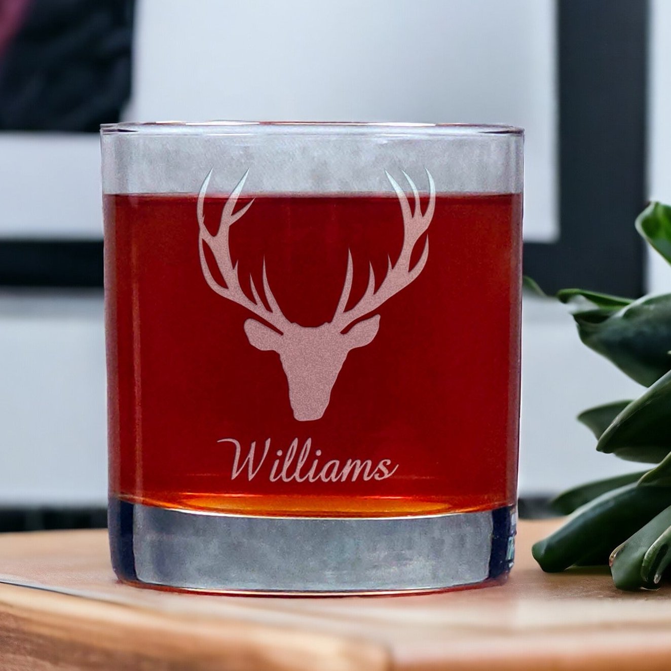 Personalized Deer Head Antlers Whisky Glass - Copyright Hues in Glass