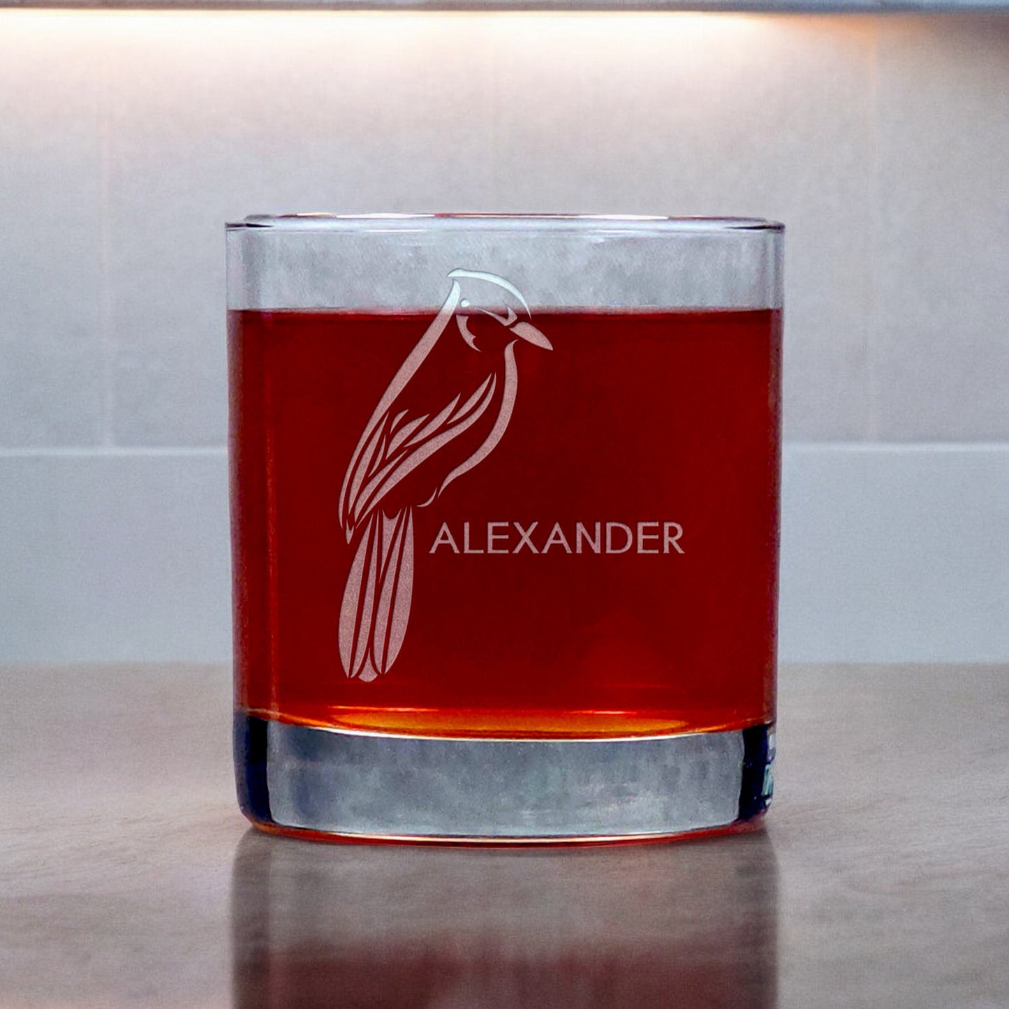 Personalized Blue Jay Whiskey Glass - copyright Hues in Glass