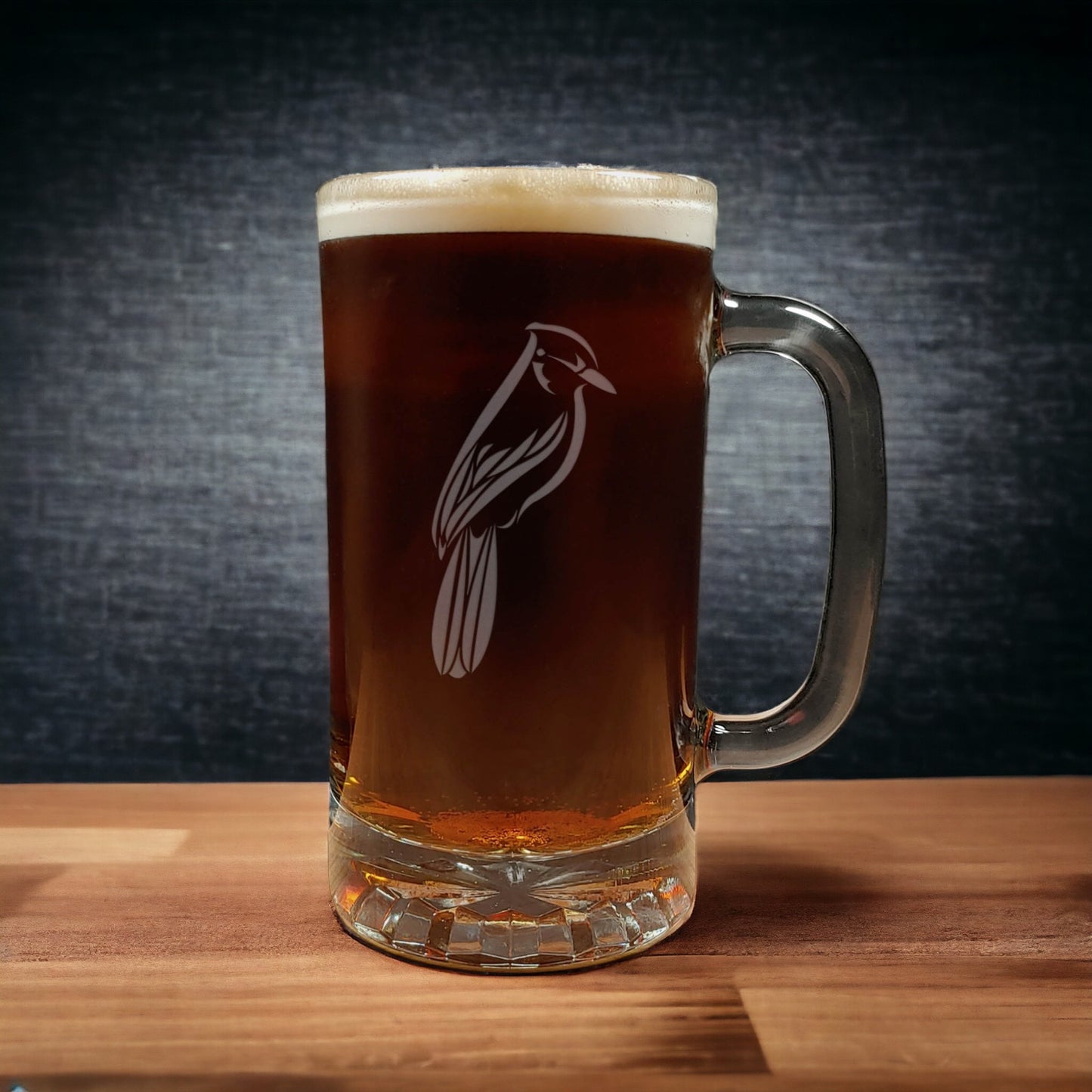 Blue Jay Beer Mug - Dark Beer - Copyright Hues in Glass