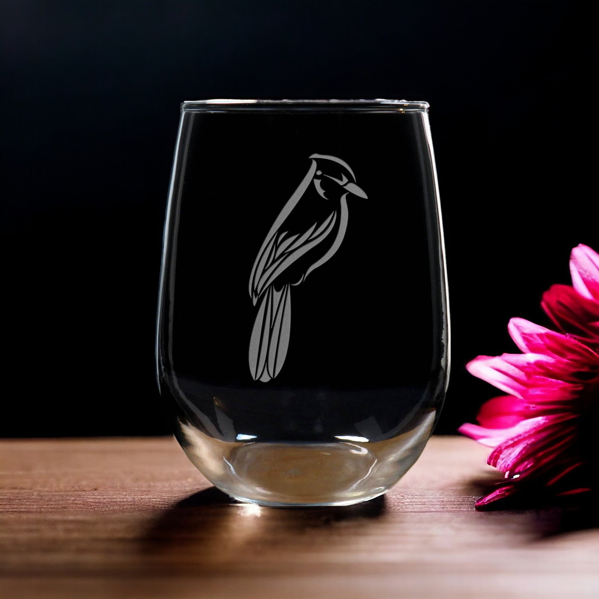 Bluejay Bird Stemless Wine Glass - copyright Hues in Glass