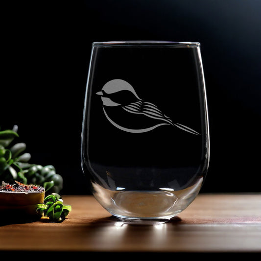 Chickadee Engraved 17oz Stemless Wine Glass - Bird Lovers Personalized Gift