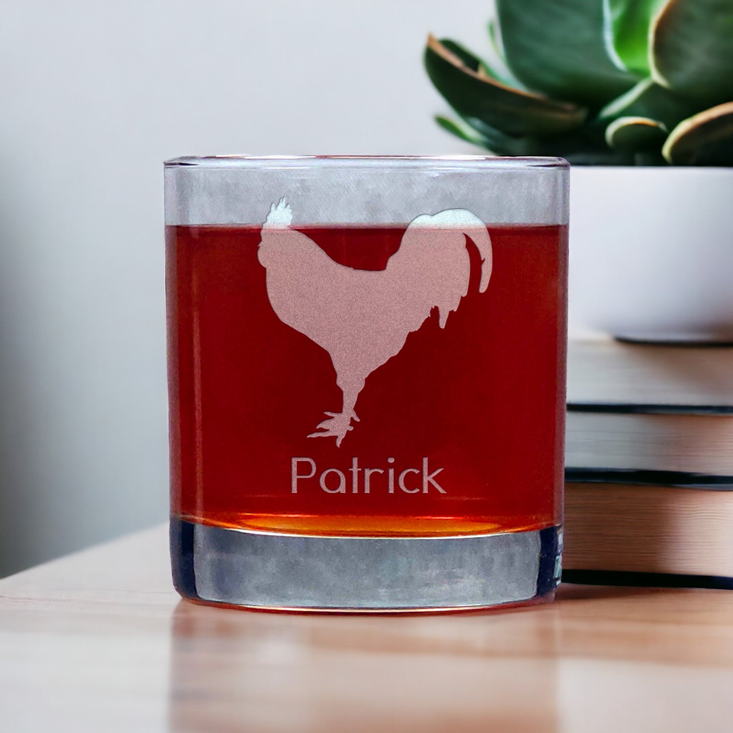 Personalized Rooster 11oz Whisky Glass - Copyright Hues in Glass