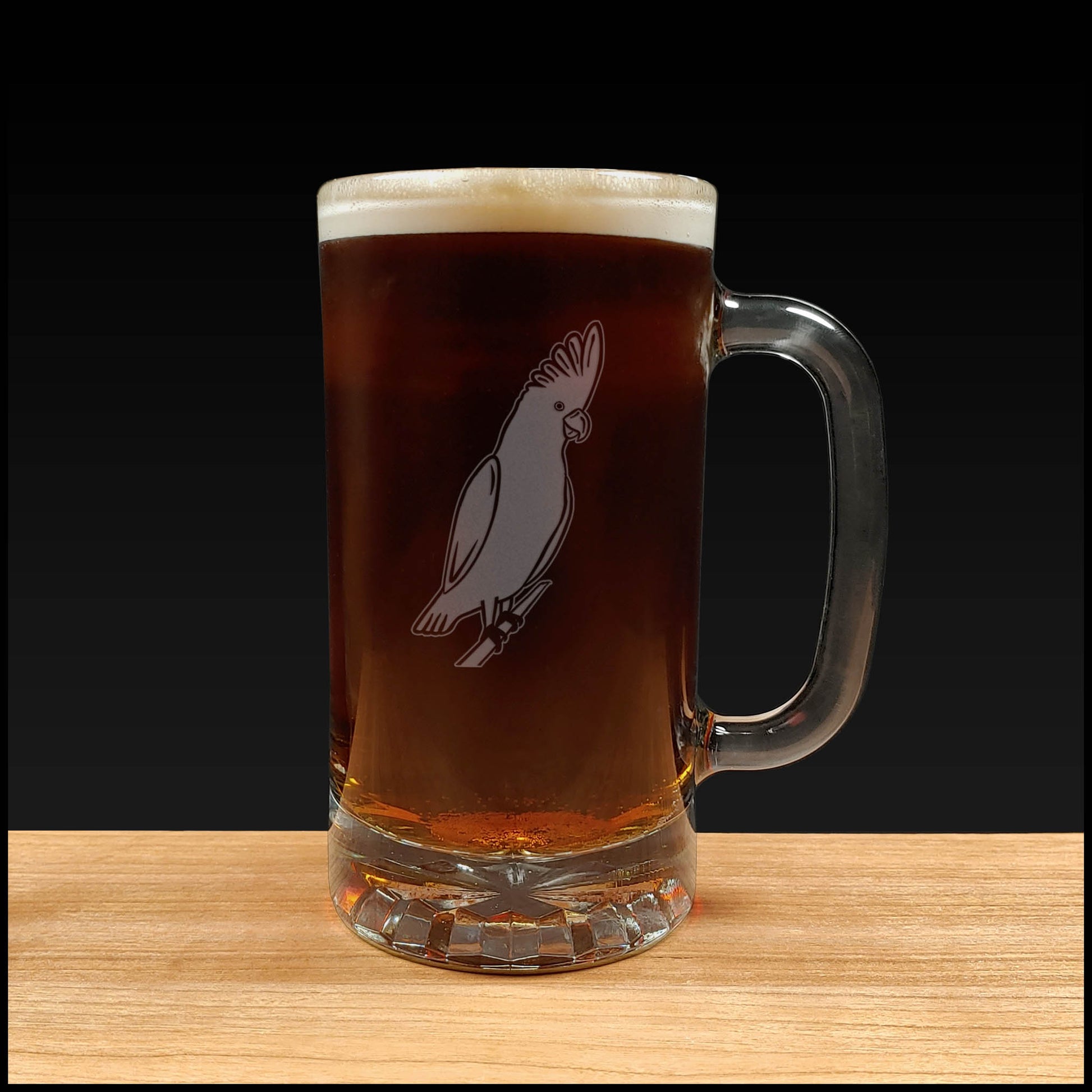 Beer Mug with Cockatoo Design - Dark Beer - Copyright Hues in Glass