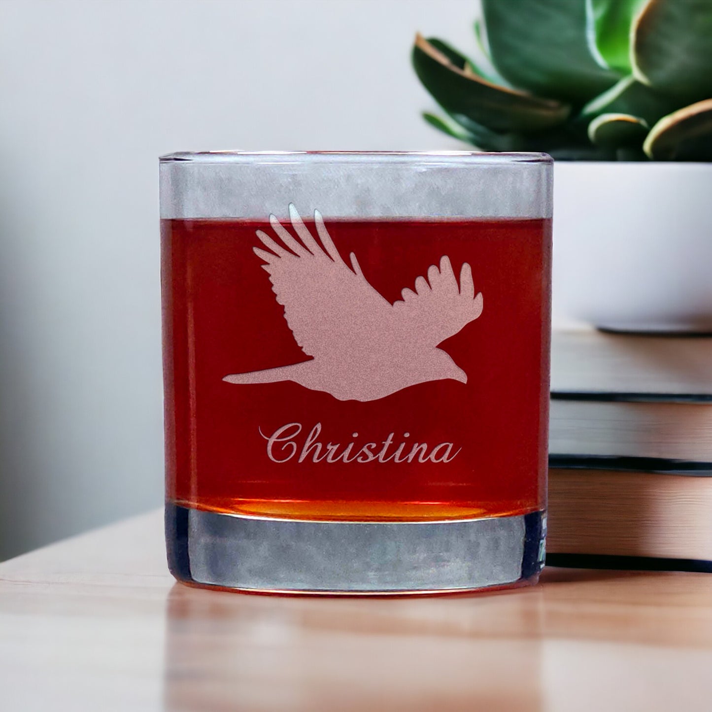 Personalized Flying Crow Whisky Glass - Copyright Hues in Glass